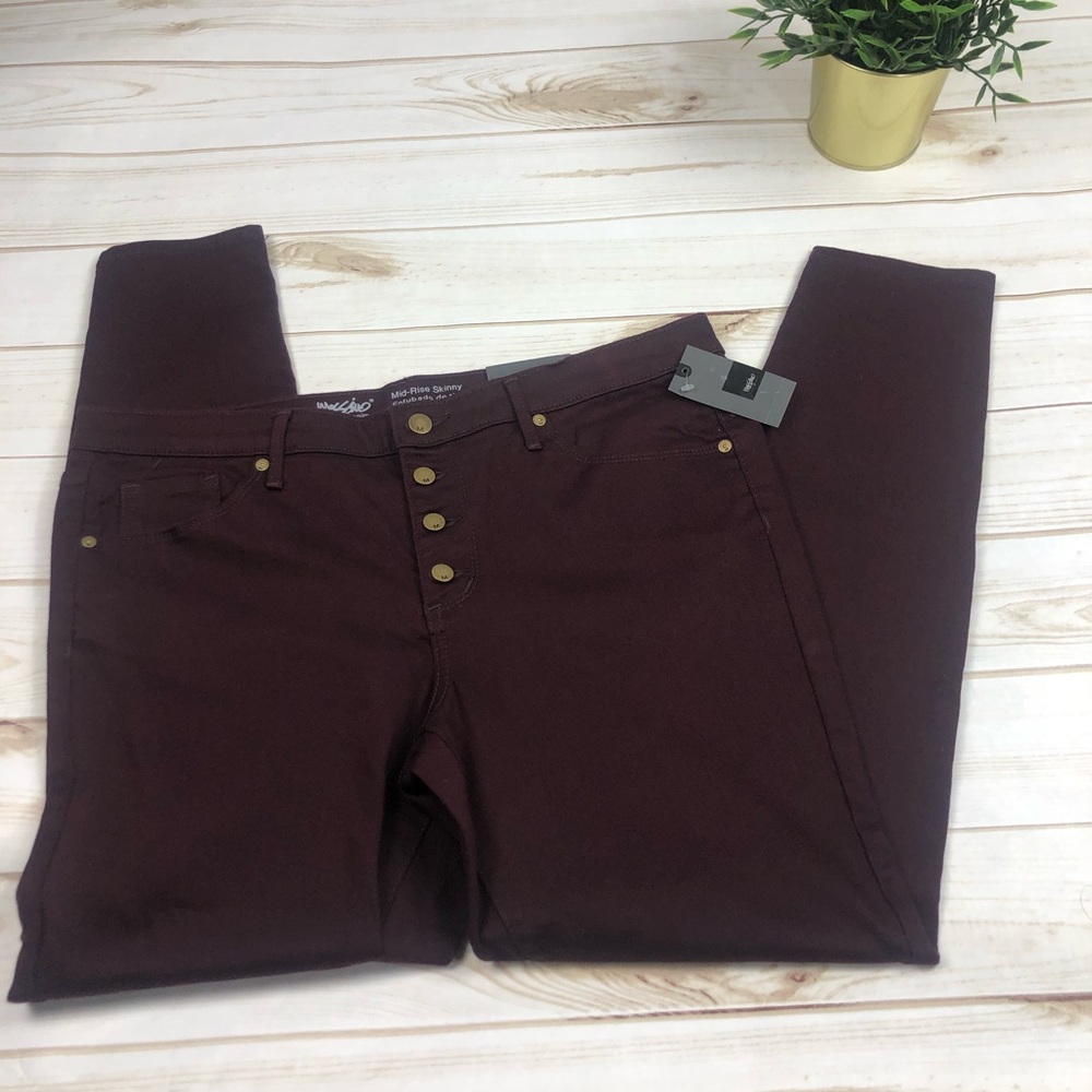 Mossimo Maroon Button Fly Mid Rise Skinny Jeans 14